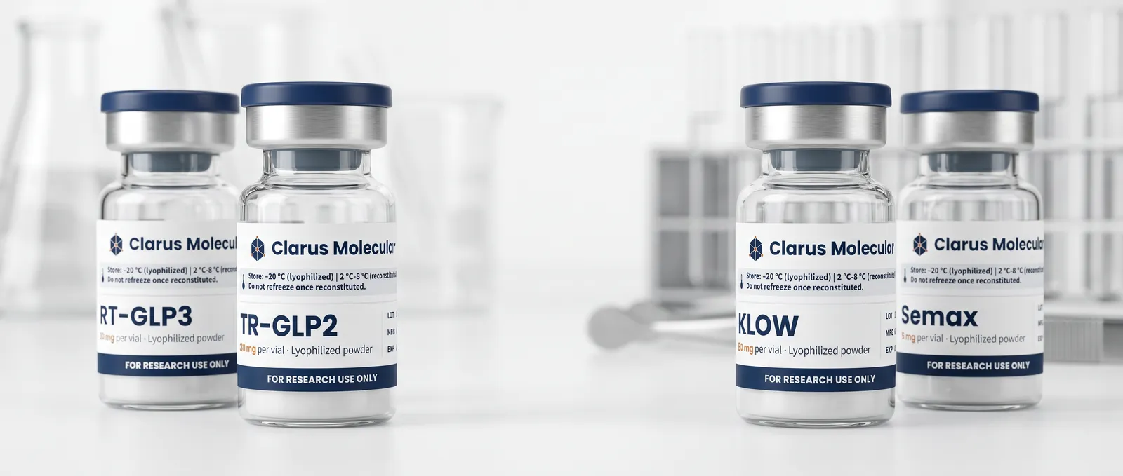 Clarus Molecular vials on a laboratory bench