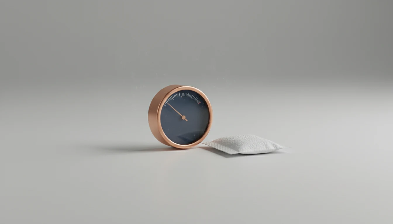A small analog hygrometer dial beside a folded silica-gel desiccant packet, softly lit against a neutral grey background.