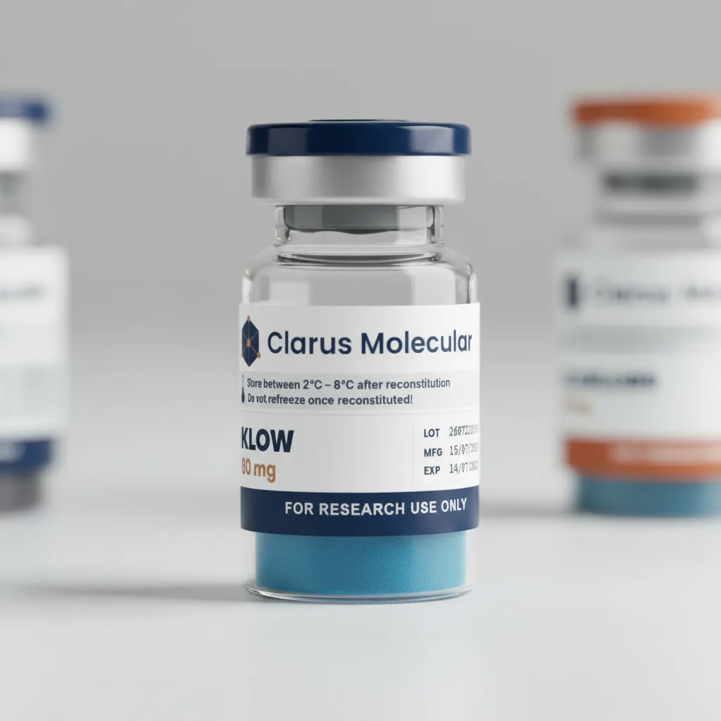 A sealed 80mg glass vial of KLOW blend (BPC-157, GHK-Cu, TB-500 and KPV), photographed against a dark navy background with the Clarus Molecular label facing the camera.