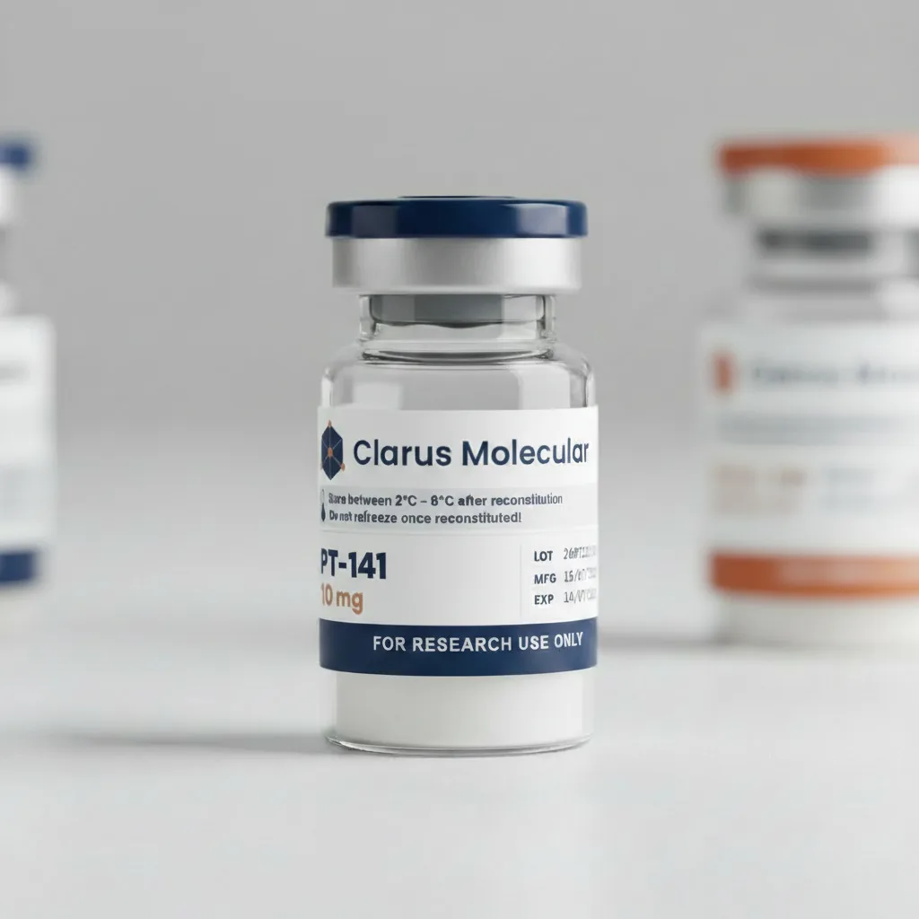 A sealed 10mg glass vial of PT-141 (bremelanotide), photographed against a dark navy background with the Clarus Molecular label facing the camera.