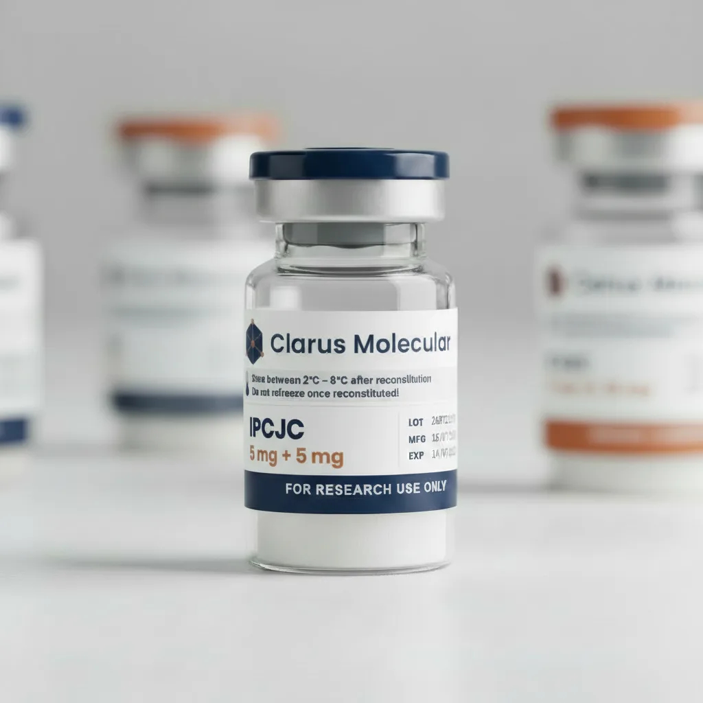 A sealed 5mg + 5mg glass vial of IPCJC, the ipamorelin and CJC-1295 (no-DAC) blend, photographed against a dark navy background with the Clarus Molecular label facing the camera.