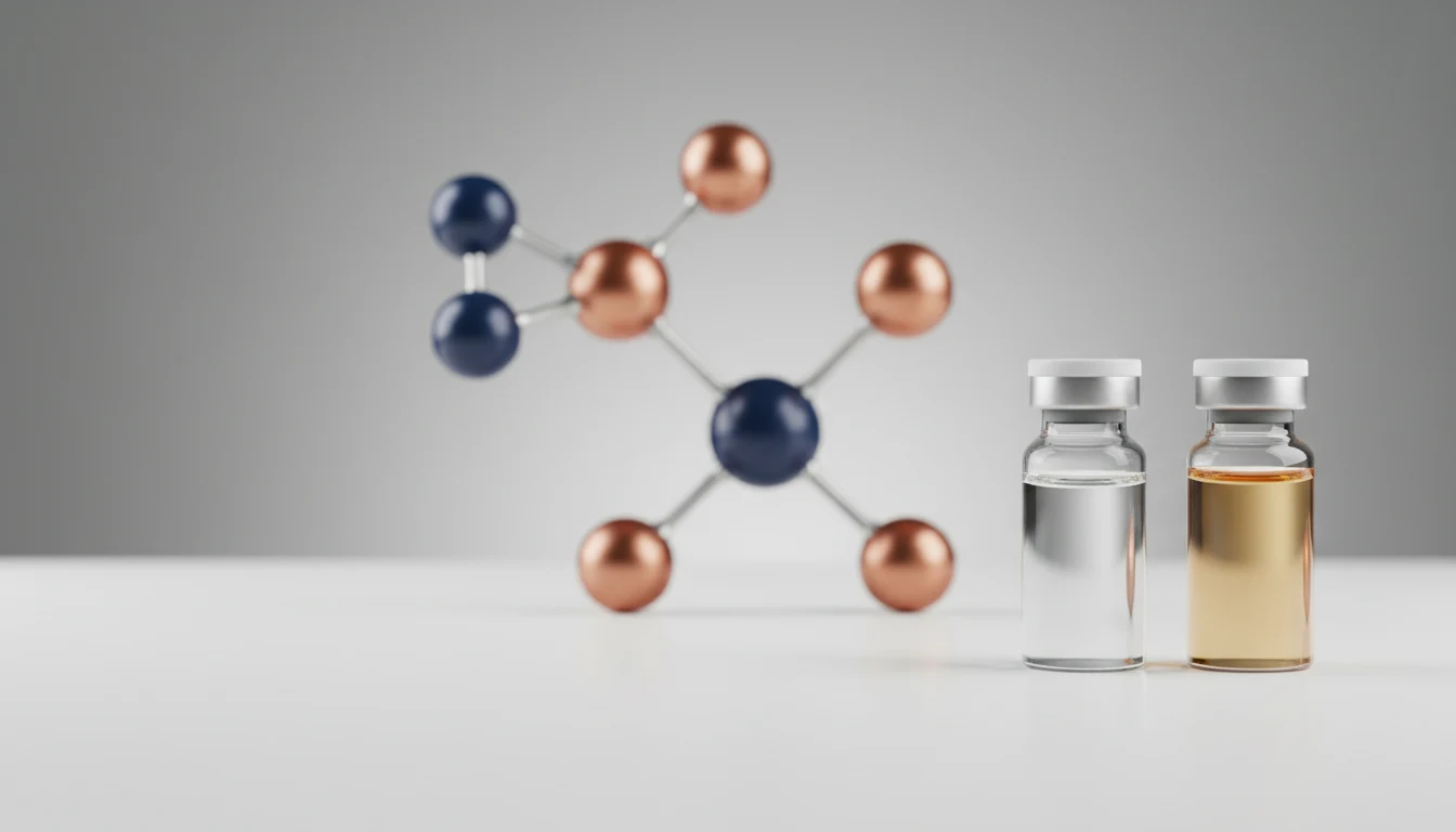Two unlabelled research vials beside a two-branch ball-and-stick molecule model in navy and copper, softly lit against a neutral grey background.