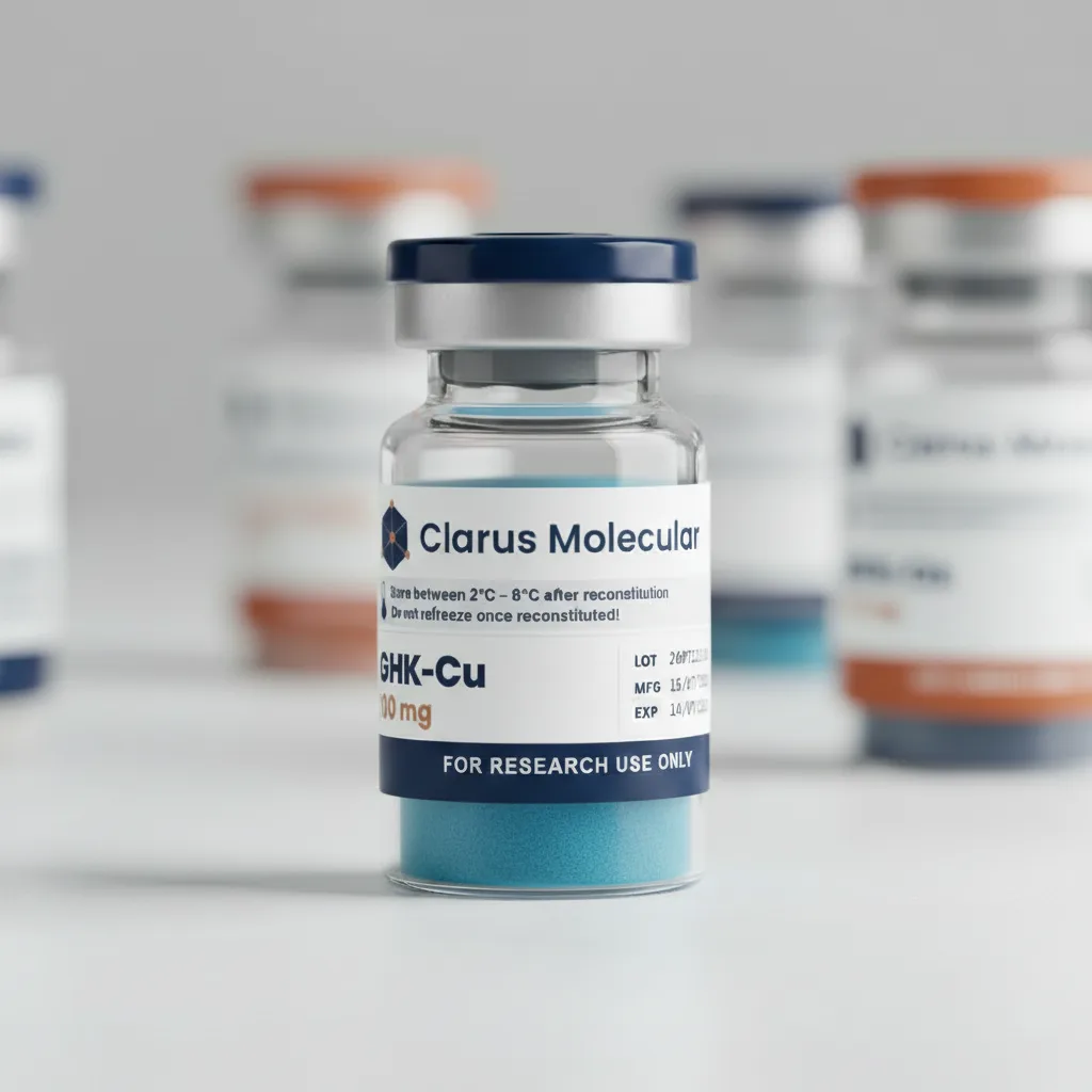 A sealed 100mg glass vial of GHK-Cu, photographed against a dark navy background with the Clarus Molecular label facing the camera.