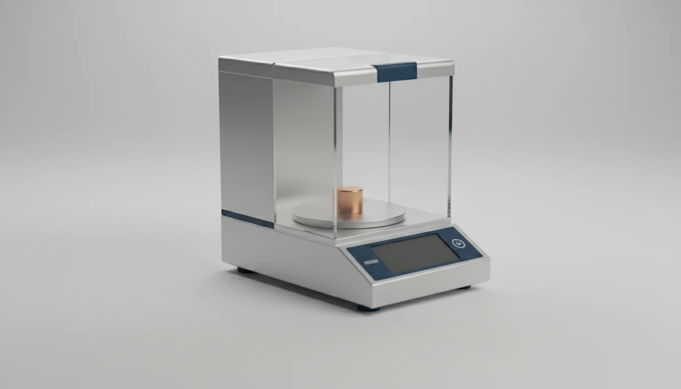 A precision laboratory analytical balance with a single small copper calibration weight on the pan, softly lit against a neutral grey background.