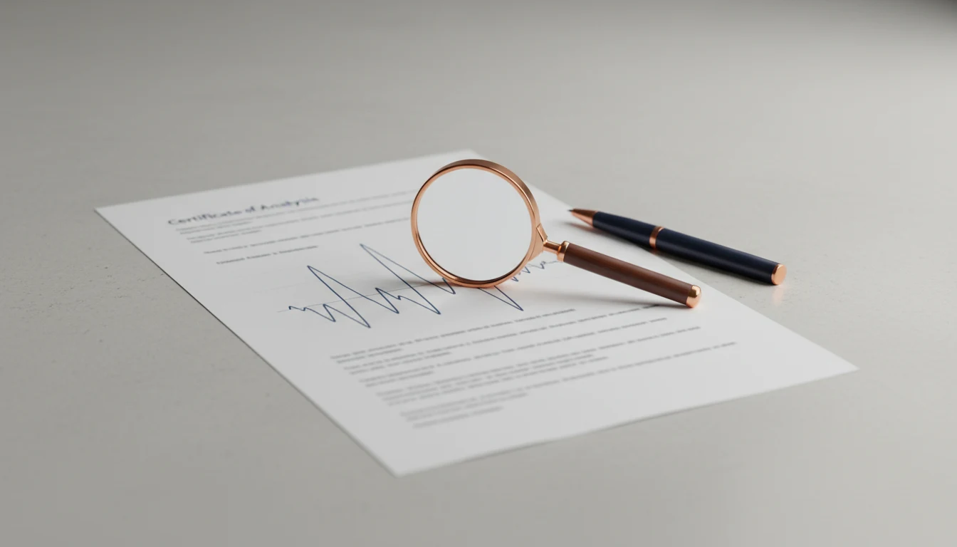 A printed laboratory Certificate of Analysis with a chromatogram graph, a magnifying glass resting on the page beside a pen, softly lit against a neutral grey background.
