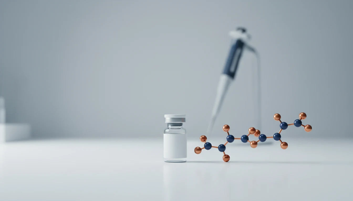 A sealed research peptide vial on a lab bench beside a pipette and a ball-and-stick molecule model, softly lit against a neutral grey background.