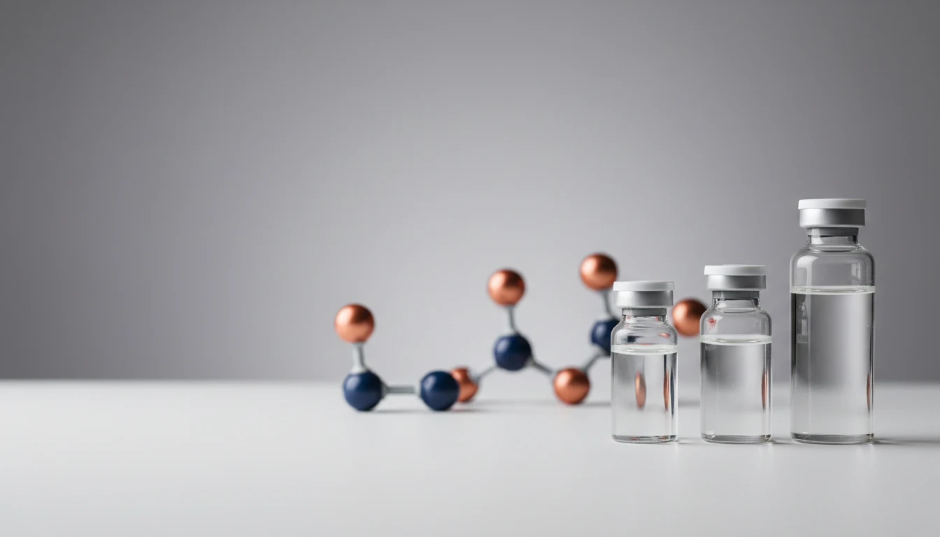 Three unlabelled research vials of ascending size beside three ball-and-stick molecule models of increasing complexity, softly lit against a neutral grey background.