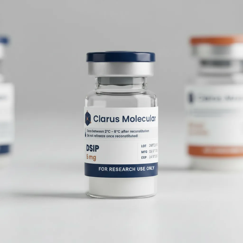 A sealed 5mg glass vial of DSIP, photographed against a dark navy background with the Clarus Molecular label facing the camera.