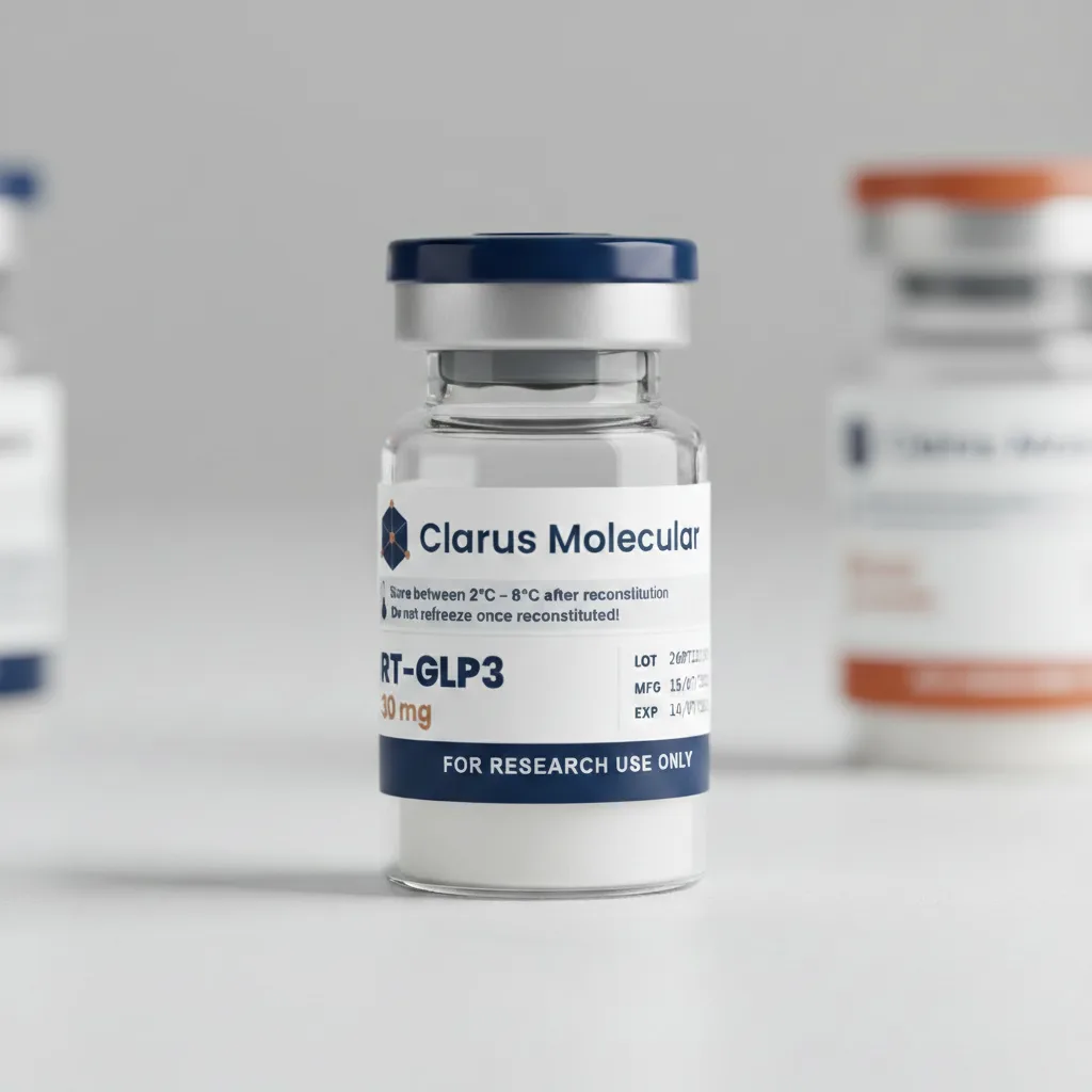 A sealed 30mg glass vial of RT-GLP3 (retatrutide), photographed against a dark navy background with the Clarus Molecular label facing the camera.