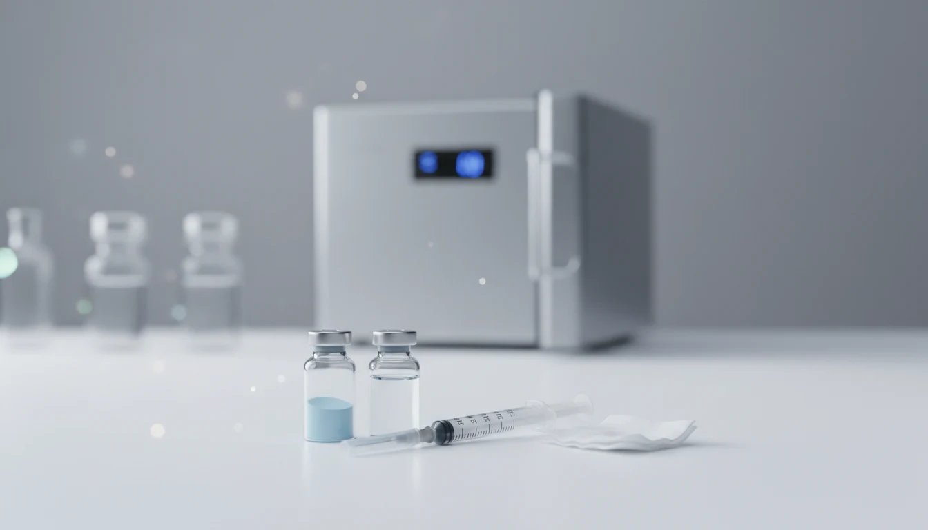 Two peptide vials, a syringe and an alcohol wipe on a lab bench in the foreground, with a refrigerator unit blurred in the background.