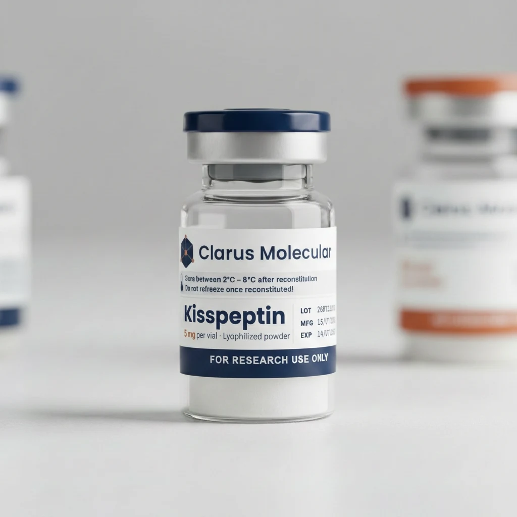 A sealed 5mg glass vial of Kisspeptin, photographed against a light grey studio background with the Clarus Molecular label facing the camera, other vials softly out of focus behind it.
