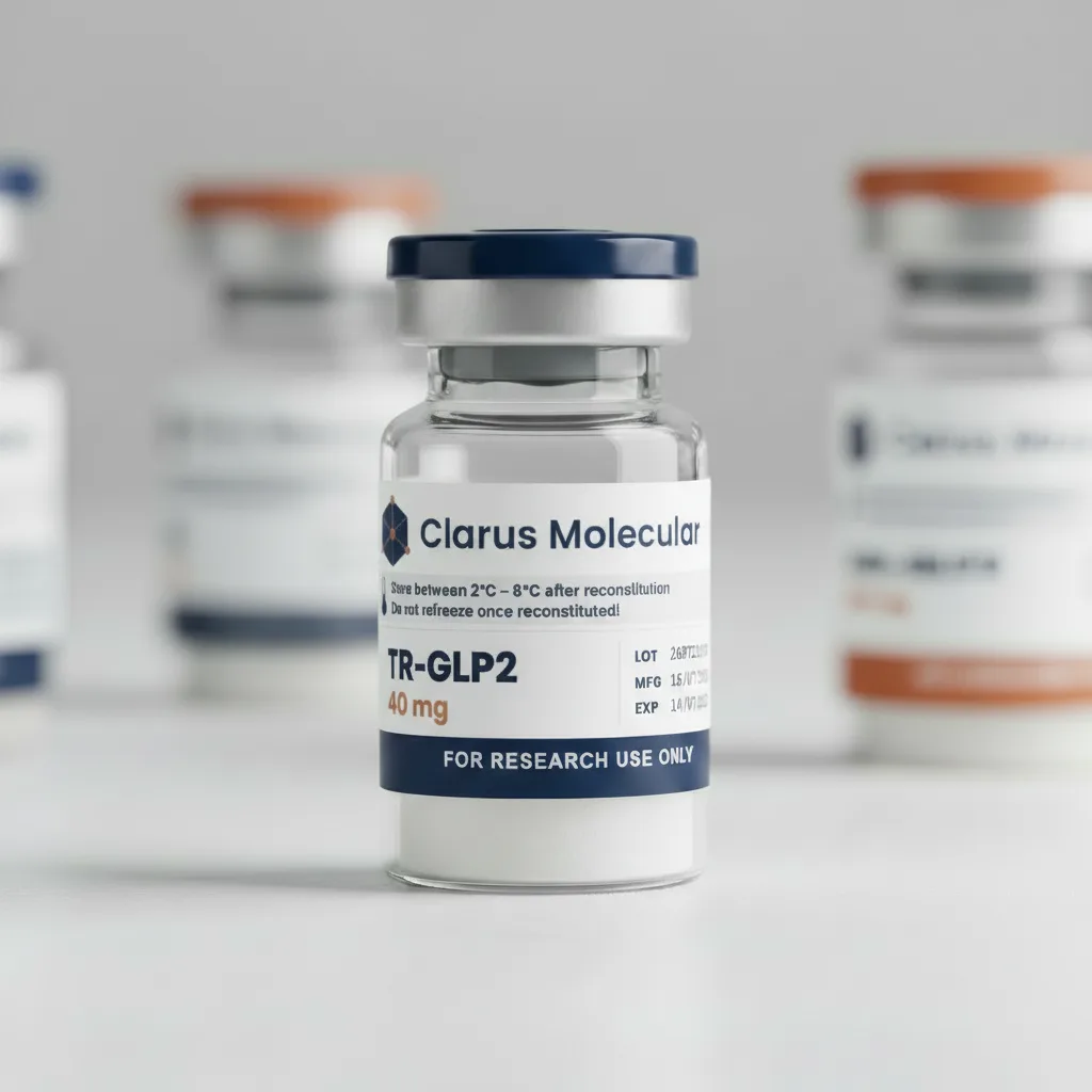 A sealed 40mg glass vial of TR-GLP2 (tirzepatide), photographed against a dark navy background with the Clarus Molecular label facing the camera.