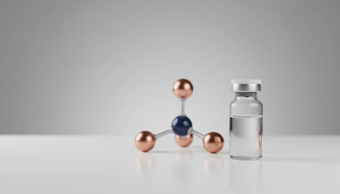 An unlabelled research vial beside a three-branch ball-and-stick molecule model in navy and copper, softly lit against a neutral grey background.
