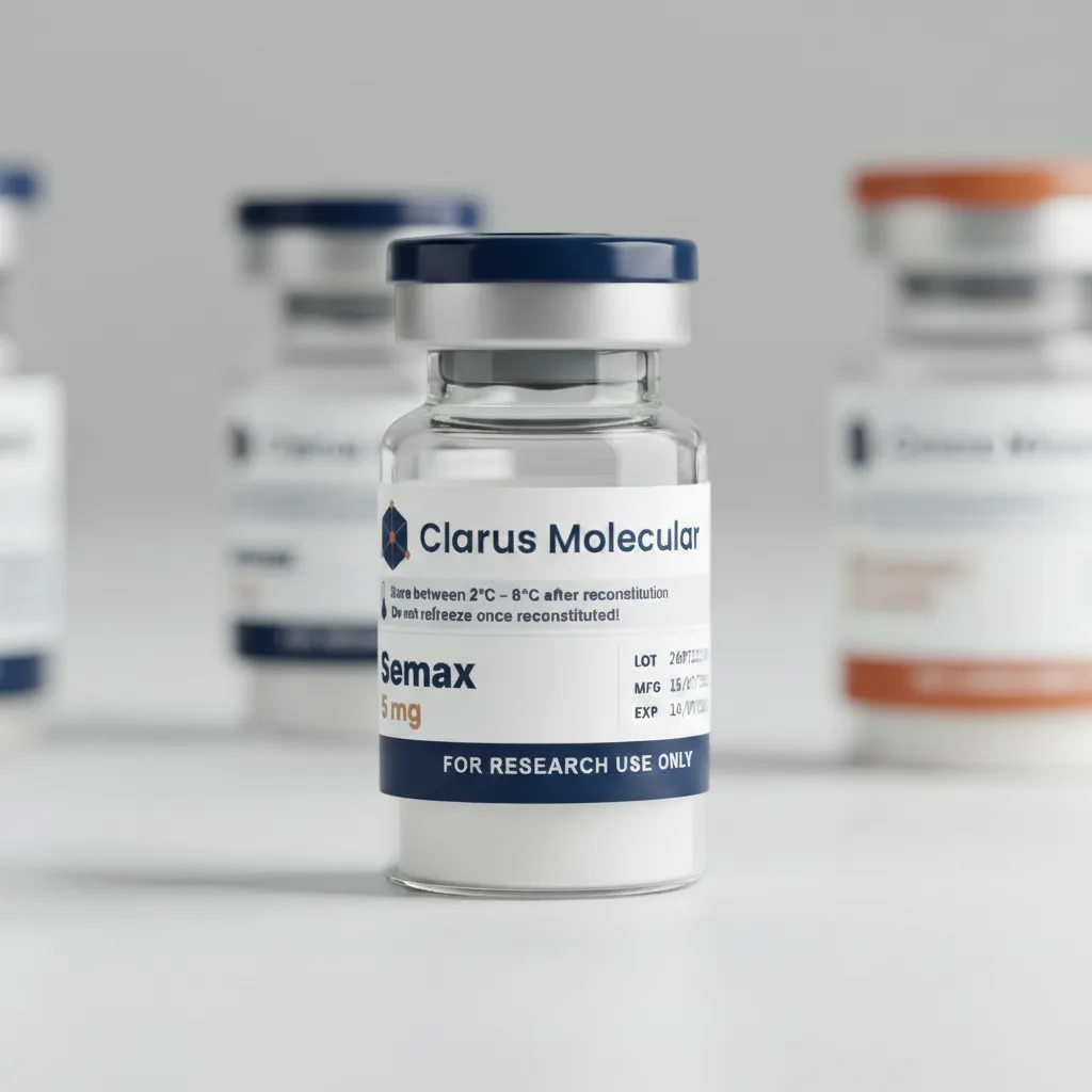 A sealed 5mg glass vial of Semax, photographed against a dark navy background with the Clarus Molecular label facing the camera.