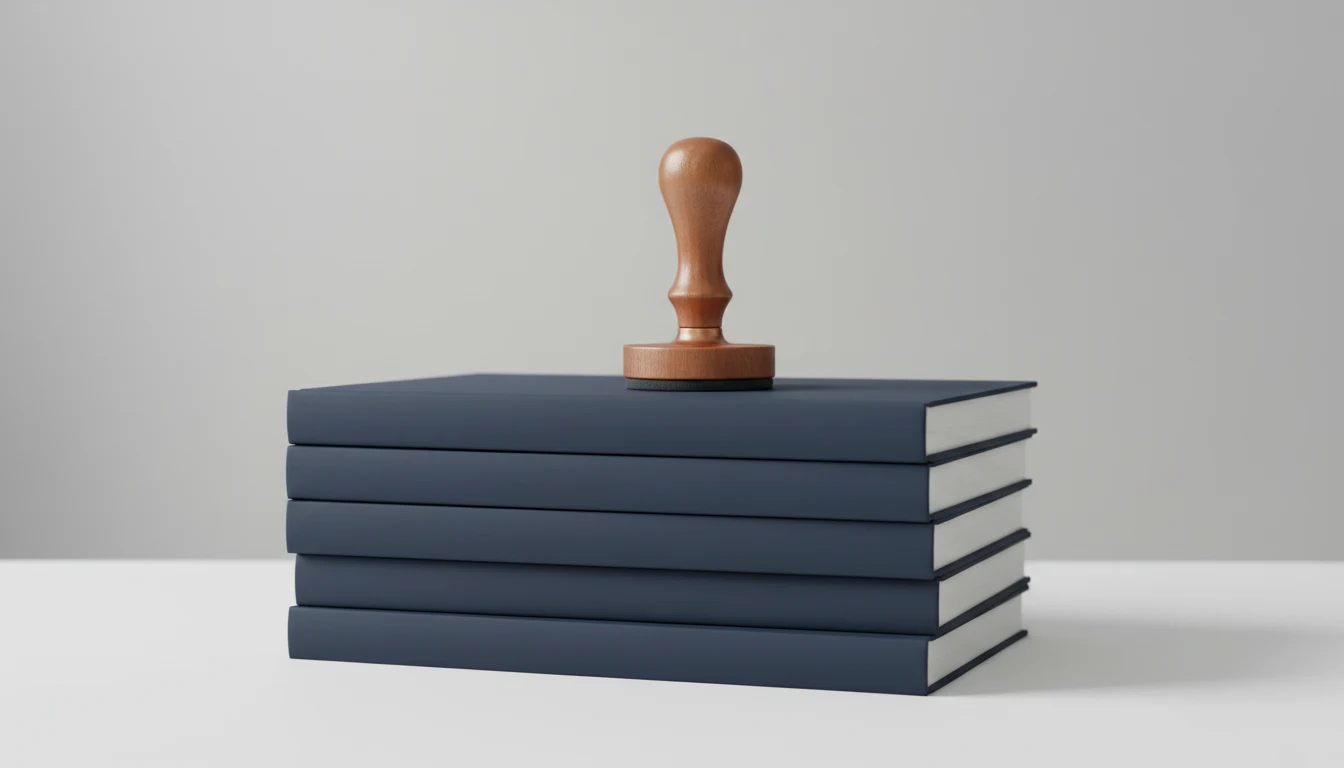 A small stack of plain navy hardcover reference books with a wooden-handled desk stamp resting on top, softly lit against a neutral grey background.